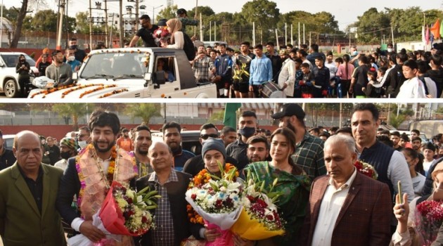 Olympian Arif, Wushu Champion Sadia receive rousing welcome at MA Stadium Jammu