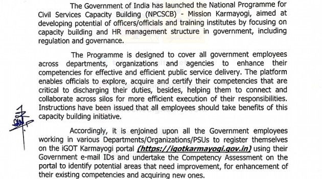 Govt asks employees to register on iGOT Karmayogi portal
