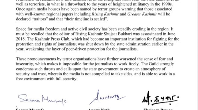 Editors Guild condemns militant threats to journalists in J-K