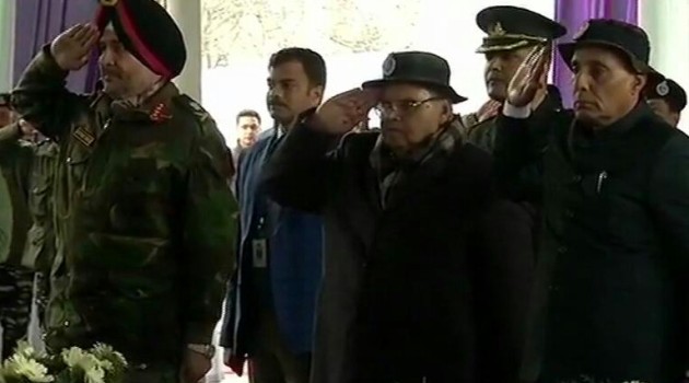 Union Home Minister Rajnath Singh, J&K Governor Satya Pal Malik and Army’s Northern Command chief Lt Gen Ranbir Singh, pay tribute to CRPF personnel who lost their lives in PulwamaAttack