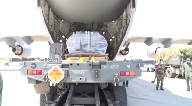 Oxygen plants airlifted by Indian Air Force from Munich Germany landed at Srinagar airport to meet the requirements to fight COVID-19 in Kashmir valley on Monday