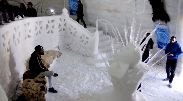 Visiters enjoying inside the World’s largest Igloo made by a hotelier to attract tourists at ski resort of Gulmarg on Saturday