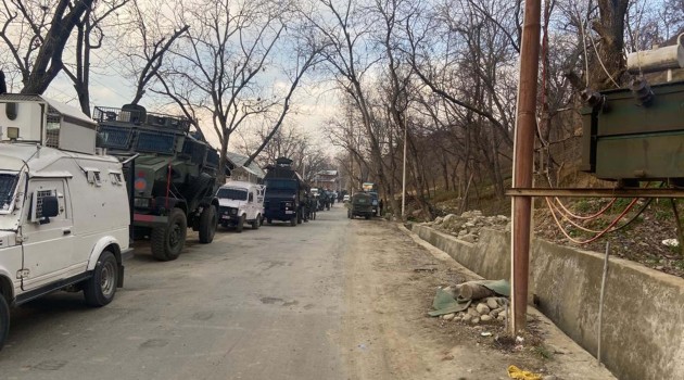 Security forces cordoned off the encounter site where some militants were hiding in a Madrasa in Pulwama district of Jammu and Kashmir on Saturday