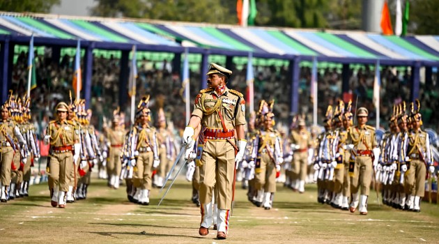 CRPF personnel marching on the occasion of its 83rd raising day at Maulana Azad stadium in Jammu on Saturday