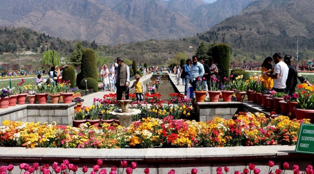 Visitors at Asia’s largest Tulip garden, in Srinagar on Monday