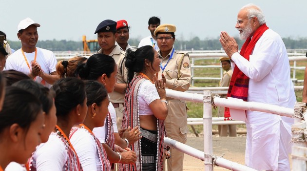PM receives traditional welcome during his visit to Karbi Anglong District, Assam on April 28, 2022.