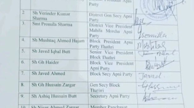12 Leaders from Jammu and Kashmir Apni Party resigned