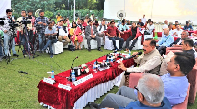 Union Minister Dr Jitendra Singh holding a media interaction over Diwali high-tea at his New Delhi residence, on Tuesday