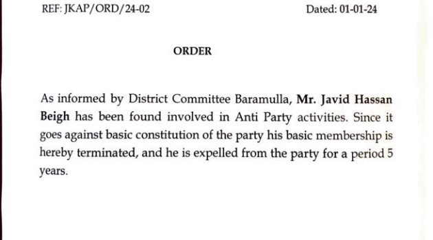 Apni Party Expels Javid Baig Over Alleged Involvement in Anti-party Activities
