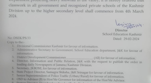 Classwork in Schools in Kashmir To Commence from March 4: DSEK