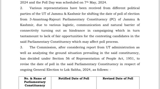 Anantnag-Rajouri Seat: Election Commission Revises Poll Date To May 25